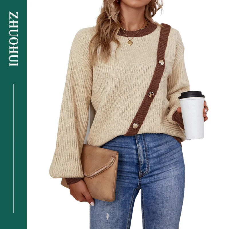 Autumn Vintage O Neck Patchwork Lantern Sleeve Button Trim Loose Pullover Knit Blouse Women Casual Daily Sweater Ladies Vacation