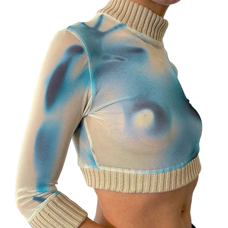 Printed Pullover Top Long Sleeve High Neck Navel Crop Women's Slim Casual Top Vacation