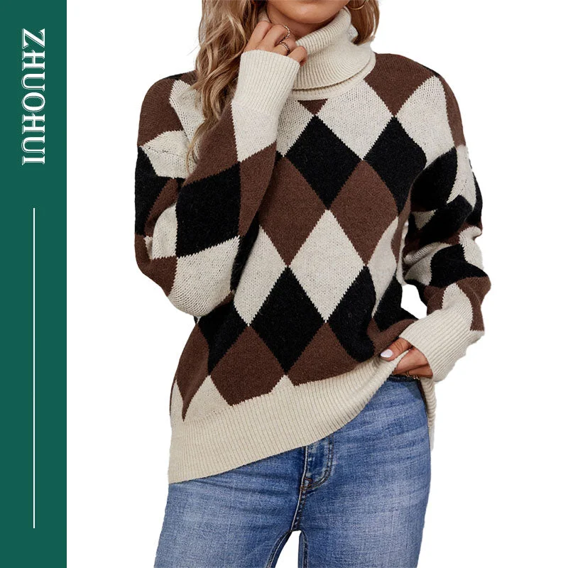 Patchwork Women Pullover Sweater Autumn Loose Turtleneck Long Sleeve Knitted Thick Female Jumper Sweater Top Minimalist Women's Casual Patchwork Women Pullover Sweater Autumn Loose Turtleneck Long Sleeve Knitted Thick Female Jumper Sweater Top Minimalist Women's Casual
