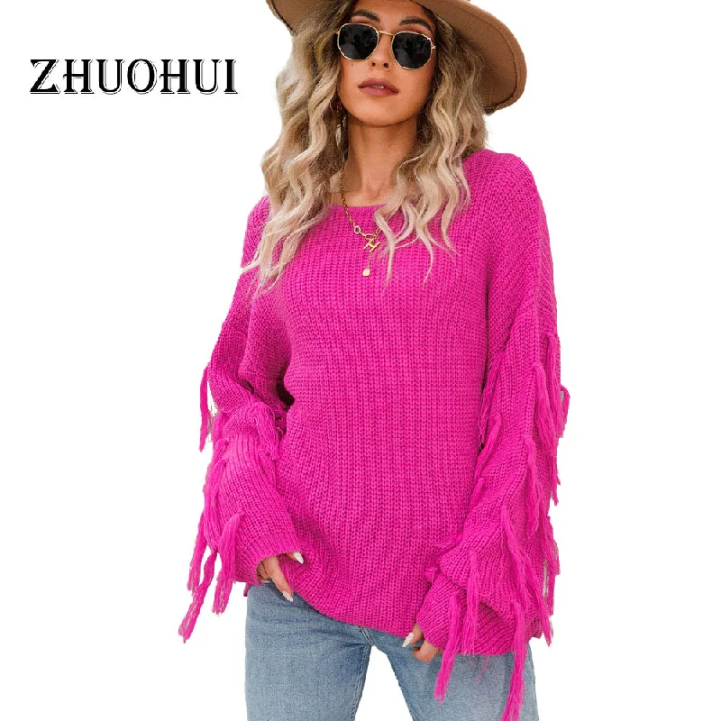 2022 New Autumn Casual Round Collar Tassels Trim Plain Knitting Pullover Sweater Tops For Women Athletic Women's High - 2022 New Autumn Casual Round Collar Tassels Trim Plain Knitting Pullover Sweater Tops For Women Athletic Women's High -