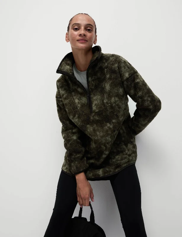 Borg Half Zip Longline Fleece Jacket - Khaki Mix Feminine Women's Style 