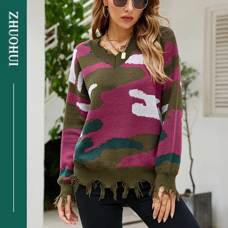 Autumn Casual V Neck Camouflage Color Cut Apart Pullover Sweatshirt Knit Tops Women Simple Streetwear Sweater For Ladies Clothes Vintage Women's 1970S Autumn Casual V Neck Camouflage Color Cut Apart Pullover Sweatshirt Knit Tops Women Simple Streetwear Sweater For Ladies Clothes Vintage Women's 1970S