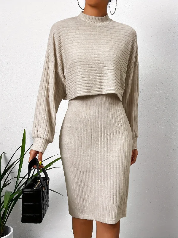 2 Pieces Sleeveless Midi Sheath Sweater Dress & Mock Neck Cropped Knit Top Set European 2 Pieces Sleeveless Midi Sheath Sweater Dress & Mock Neck Cropped Knit Top Set European