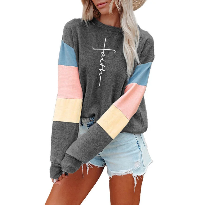Patchwork Fashion Women Sweatshirt Casual Long Sleeve Pullover Faith Print Crewneck Women logo hoodie Sweatshirt French Patchwork Fashion Women Sweatshirt Casual Long Sleeve Pullover Faith Print Crewneck Women logo hoodie Sweatshirt French