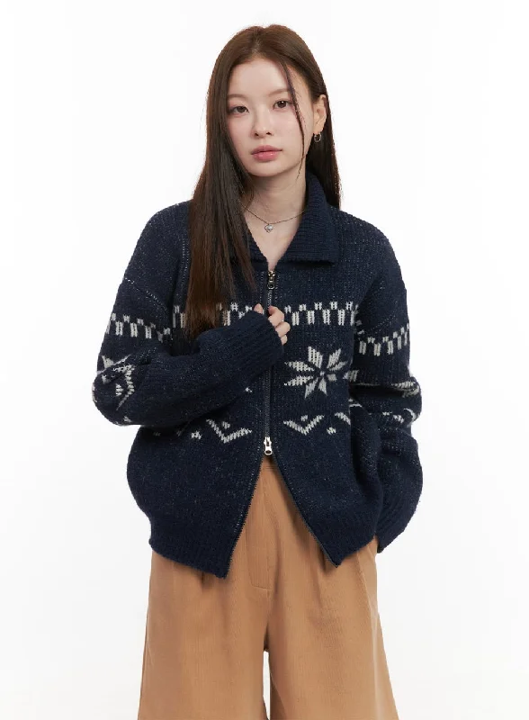 Cozy Zip Up Nordic Printed Cardigan OD418 Unique Women's Upcycled