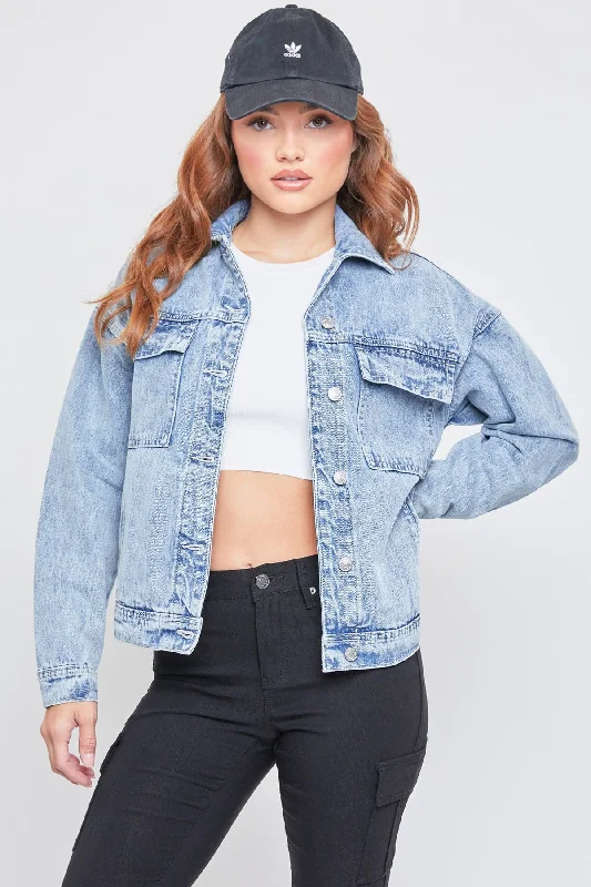 Women's Oversized Utility Denim Jacket Cozy Women's Sherpa - lined