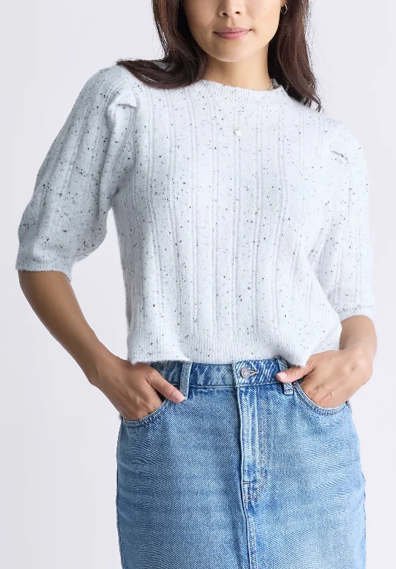 Jaxie Women's Elbow-Length Puff-Sleeve Pointelle-Knit Sweater, Cream Fleck - SW0076F Streetwear Style for Jaxie Women's Elbow-Length Puff-Sleeve Pointelle-Knit Sweater, Cream Fleck - SW0076F Streetwear Style for