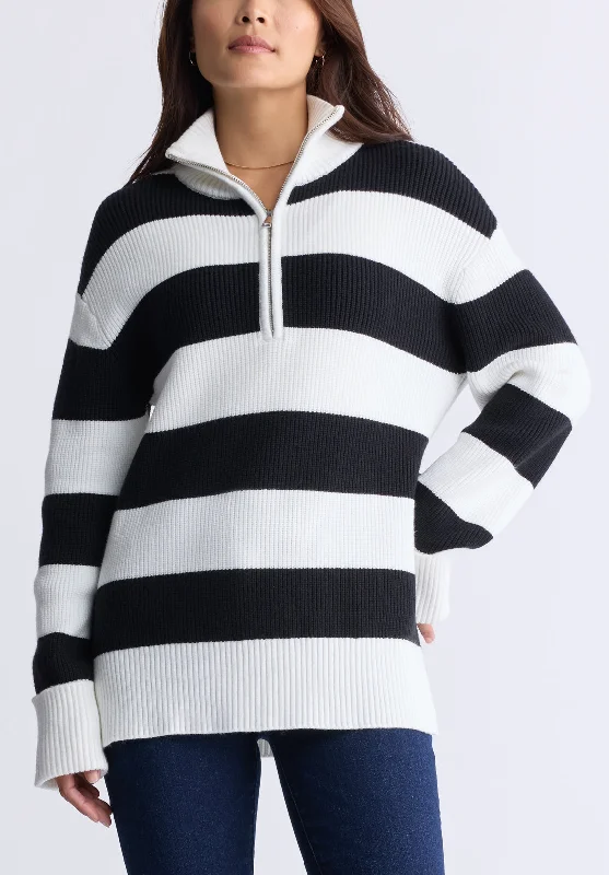Storme Women's Striped Quarter-zip Oversized Sweater, Black & White - SW0089H Sleek Women's Metallic Storme Women's Striped Quarter-zip Oversized Sweater, Black & White - SW0089H Sleek Women's Metallic