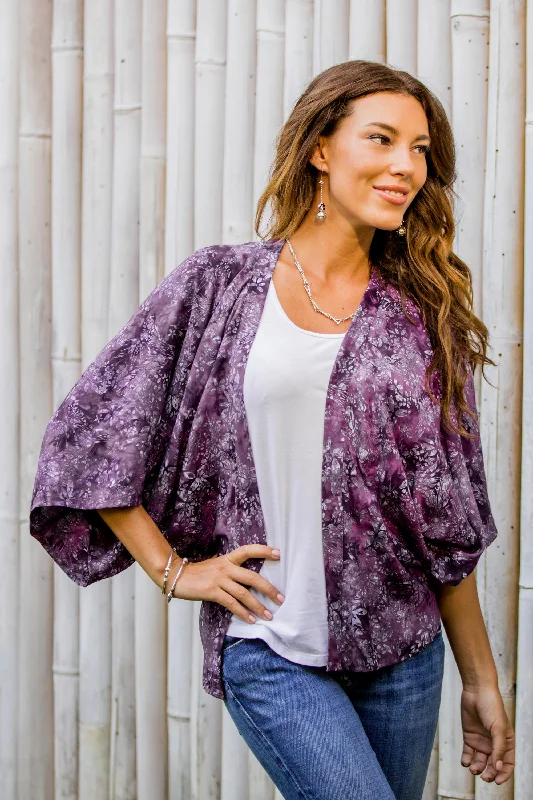 Lavish Garden in Boysenberry Purple Batik Short Rayon Kimono Jacket Gym