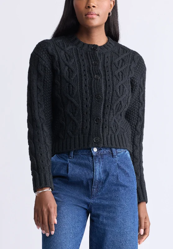 Temperance Women’s Cable-Knit Button-Up Cardigan, Black - SW0096F Artistic Women's Hand - painted Temperance Women’s Cable-Knit Button-Up Cardigan, Black - SW0096F Artistic Women's Hand - painted