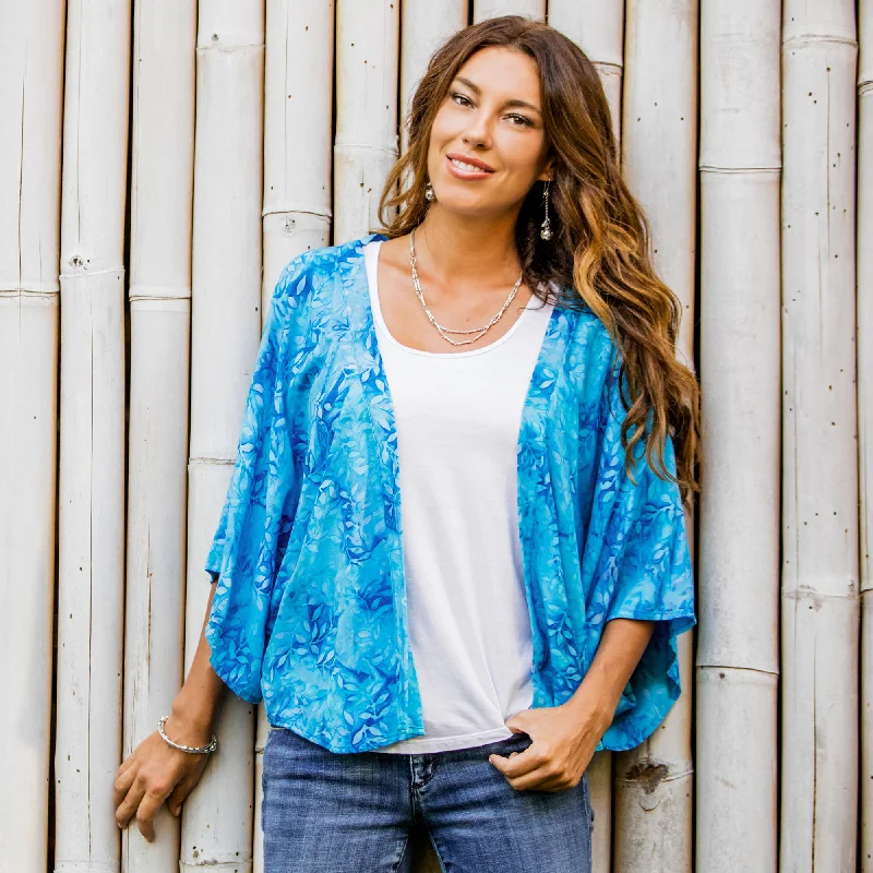 Lavish Garden in Cyan Open Kimono Jacket in Light Blue Batik Vacation