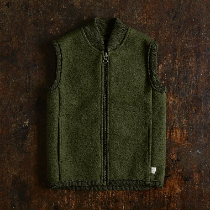 Boiled Merino Wool Zip Vest - Olive Casual Women's Loose - fitting