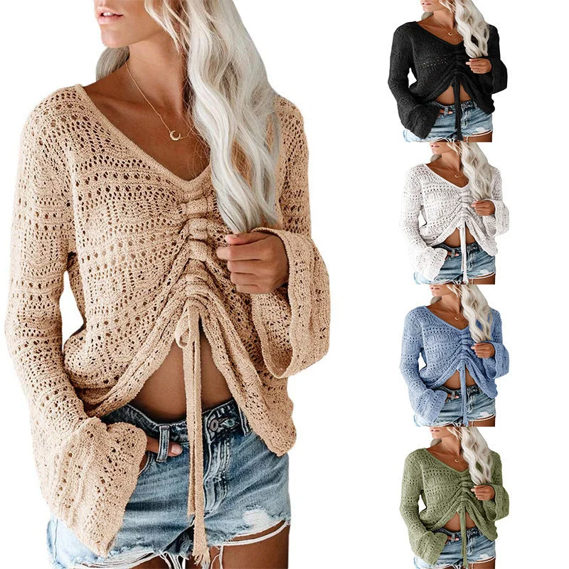 fashion hollow out knitted blouses women casual top 2022 autumn drawstring v neck knit pullover sweater top performance fashion hollow out knitted blouses women casual top 2022 autumn drawstring v neck knit pullover sweater top performance