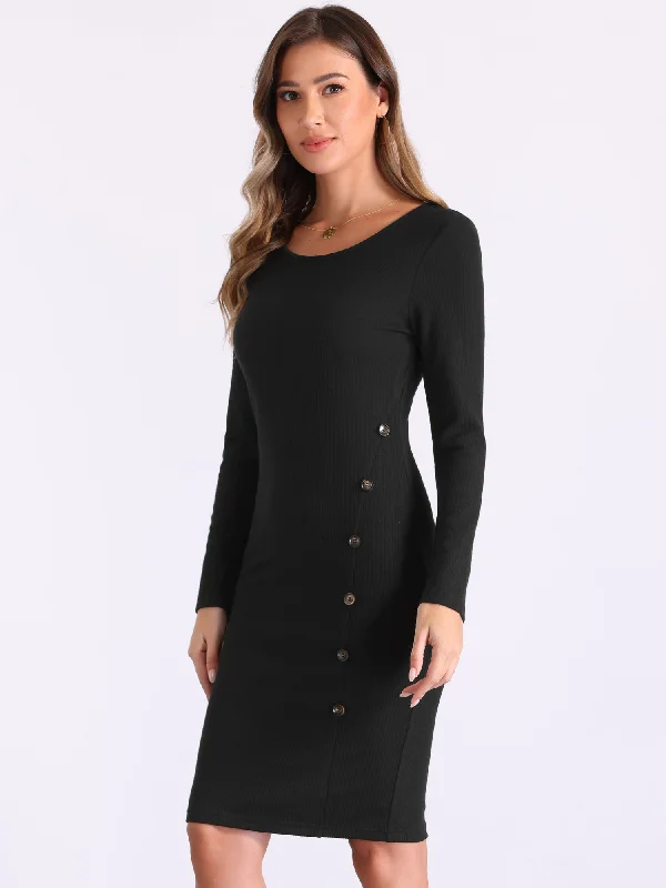 Ribbed Knit Boat Neck Long Sleeve Button Decor Sweater Dress Classic Women's Pin - striped Ribbed Knit Boat Neck Long Sleeve Button Decor Sweater Dress Classic Women's Pin - striped