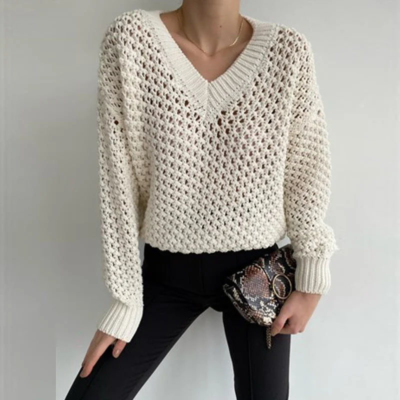 V-neck hollow out women's sweater loose comfortable long sleeve knitwear solid color women's top sweater wholesale Relaxed Women's 