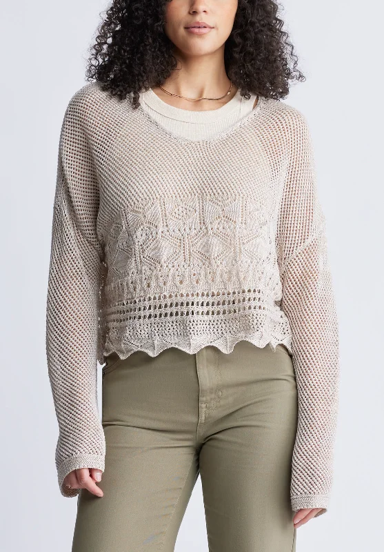 Cornelia Women's Crochet Cropped Sweater, Tan - SW0056S Luxurious Women's High - end Cornelia Women's Crochet Cropped Sweater, Tan - SW0056S Luxurious Women's High - end