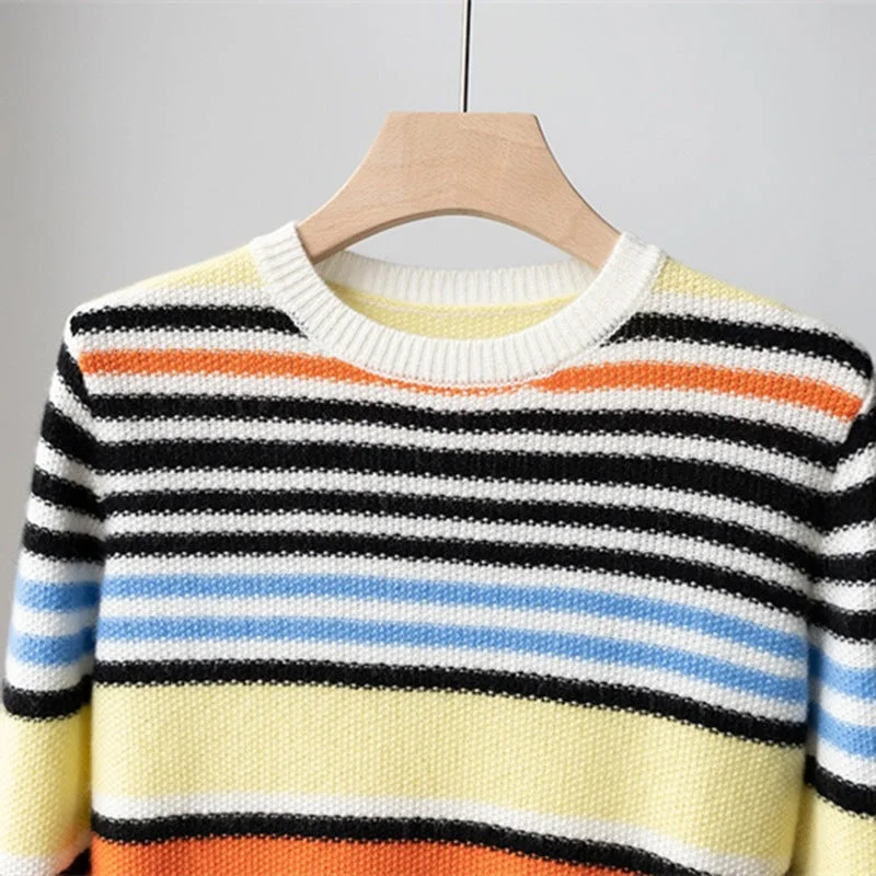 100%Cashmere Knitted Sweaters 2022 Autumn Winter Tops Women Striped Patterns Knitting Long Sleeve Casual Orange Blue Jumpers Hip Women's Urban