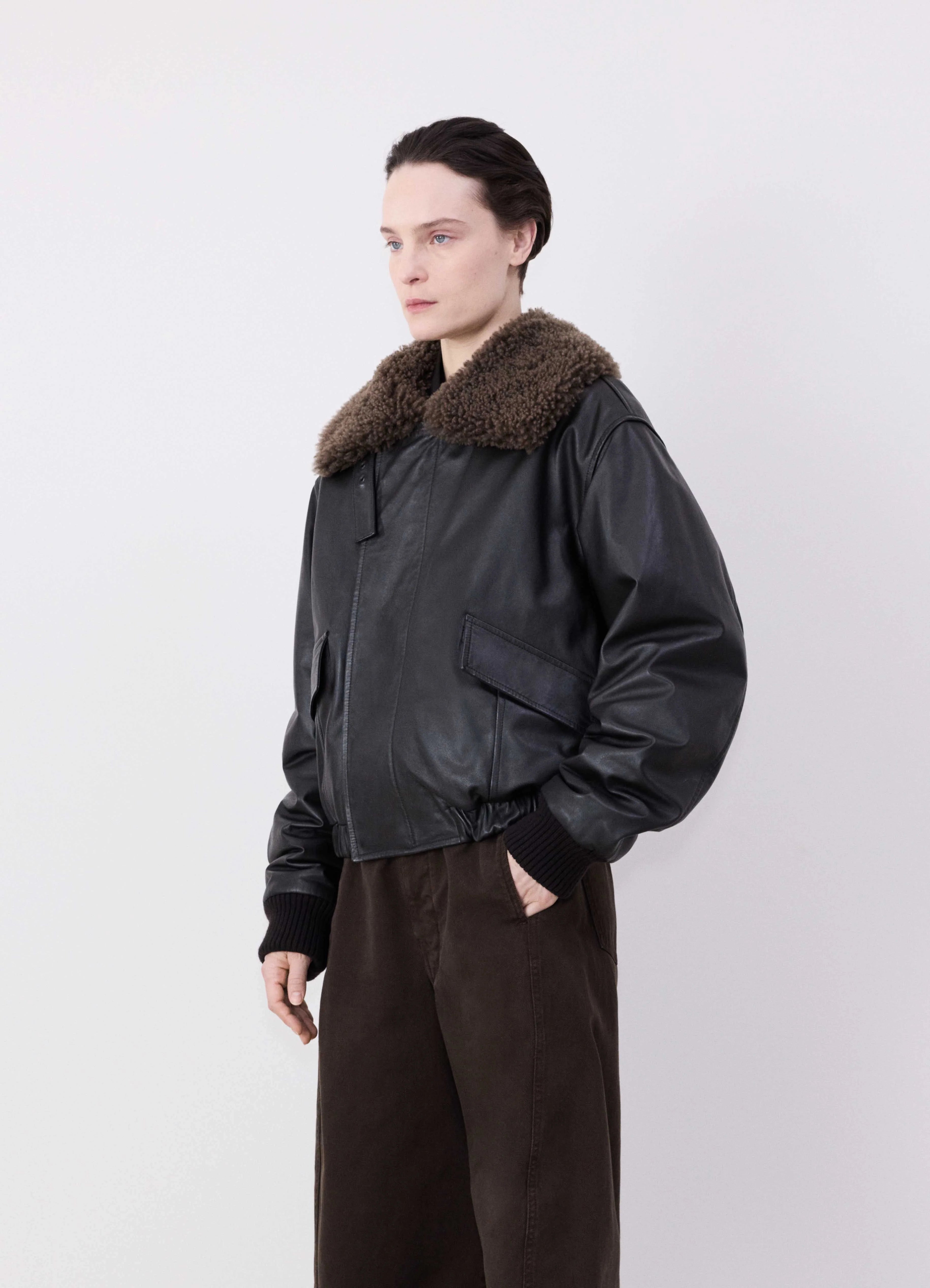 LEATHER BLOUSON WITH SHEARLING COLLAR Street