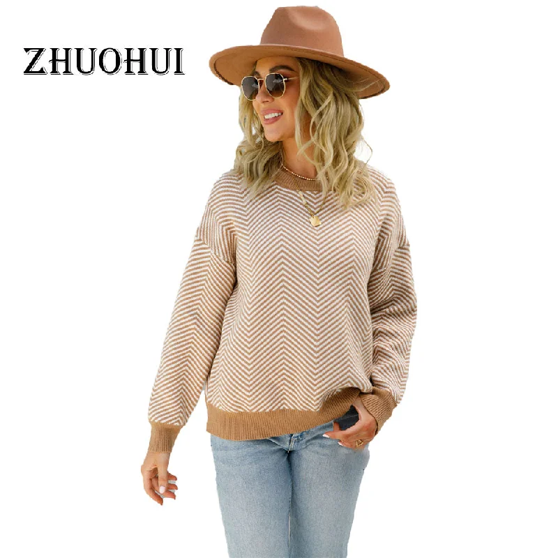 Autumn Winter Casual Wavy Grain Round Collar Patchwork Pullover Knitting Tops Women Sweater Practical Women's Quick - dry Autumn Winter Casual Wavy Grain Round Collar Patchwork Pullover Knitting Tops Women Sweater Practical Women's Quick - dry