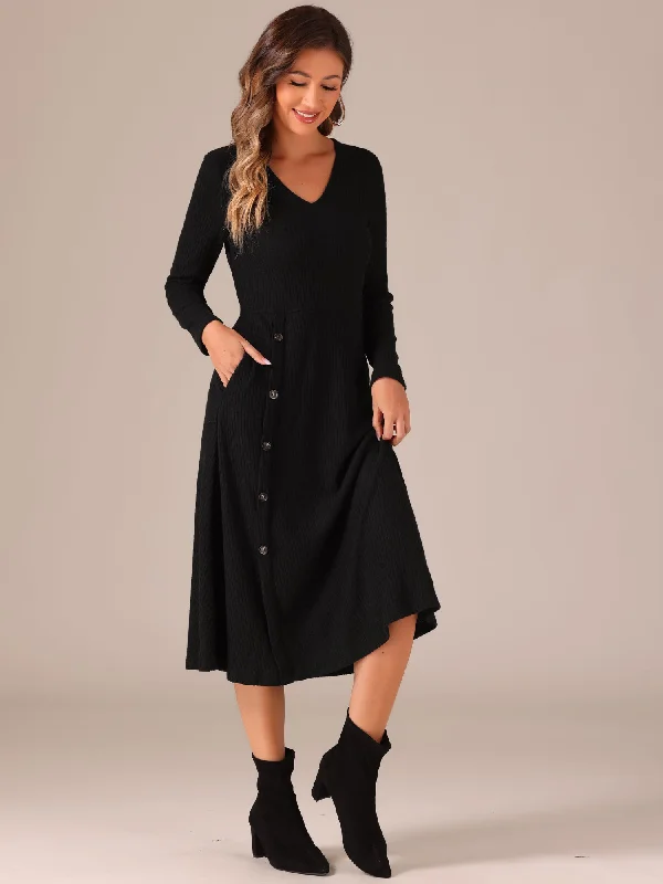 Long Sleeve Button Decor Pockets A-Line Midi Knit Sweater Dress Earthy Women's Hemp - based