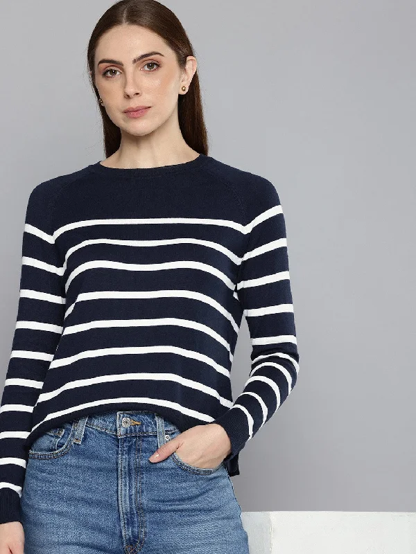Women's Striped Navy Crew Neck Sweater Bohemian Women's Free