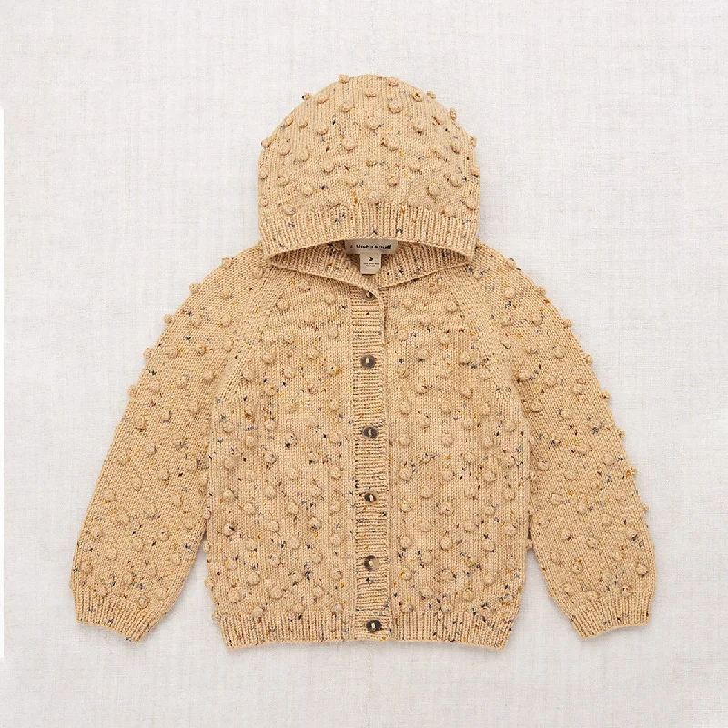 Hand Knit Merino Wool Hooded Popcorn Cardigan - Camel Confetti Elegant Women's 