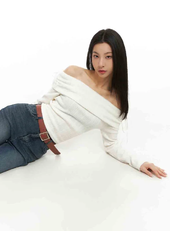 Off-Shoulder Slim-Fit Ribbon Sweater IJ503 Tough Women's Military - inspired