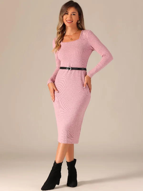 Square Neck Belted Bodycon Stretch Ribbed Long Sleeve Midi Sweater Dress Modern Women's Tech