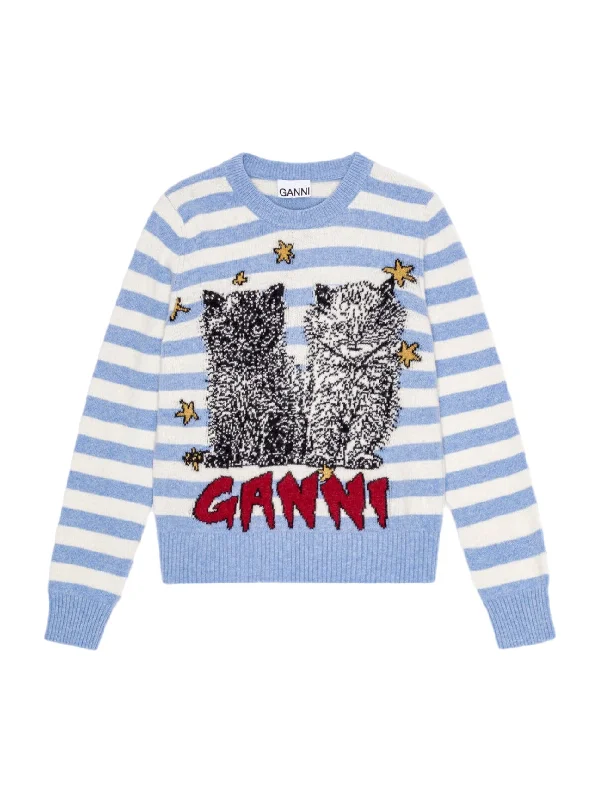Ganni Striped Graphic Wool Mix Cats Crewneck Stylish Women's Tropical 