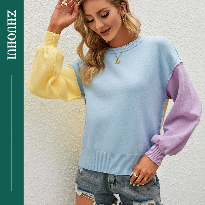 Women Sweater Autumn Winter Ladies Elegant O Neck Patchwork Knitted Sweaters Fashion Long Sleeve Casual Loose Sweater Practical Women's Quick - dry