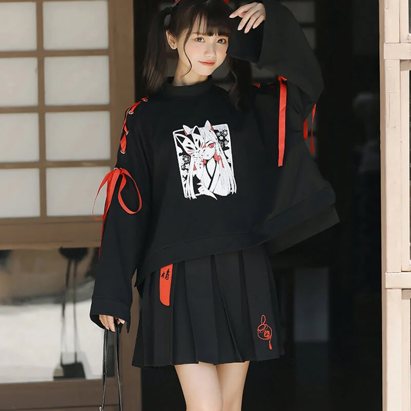JAPANESE COMIC FOX SWEATSHIRT+SKIRT BY21217 Refined Women's Hand - crafted