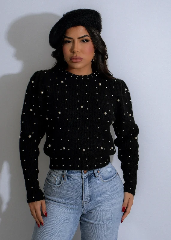 Elegance Embellished Knit Pearls Sweater Black Trendy Women's 