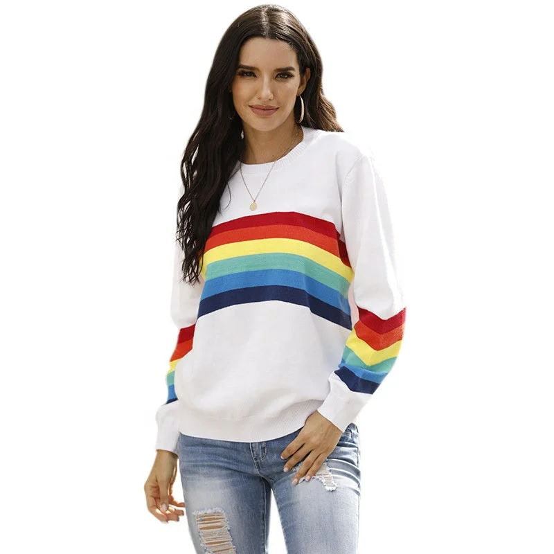 Fall New Student Knitwear Top Fashion Rainbow Stripe Long Sleeve Pullover Women Compression Fall New Student Knitwear Top Fashion Rainbow Stripe Long Sleeve Pullover Women Compression