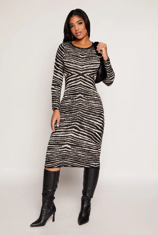 Almost Famous Zebra Lace Up Back Sweater Dress Sophisticated Women's 