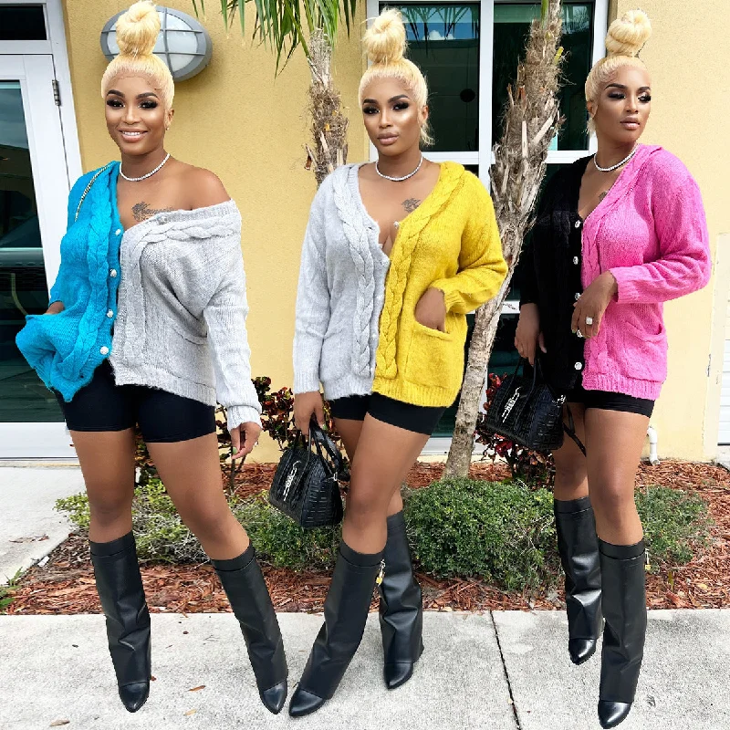 Trendy Women Clothes Casual Solid Contrasting Color Stitching Hand Knitted Sweater Cardigan with Pocket Youthful Women's Anime - inspired