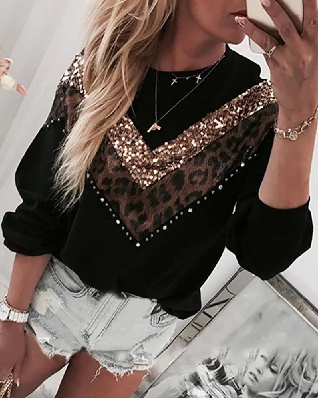 Hot Sale High Quality Autumn Winter New Sequined Leopard Stitching Wholesale Women's Long-sleeved Round Neck Hoodie Sporty Women's Tennis Hot Sale High Quality Autumn Winter New Sequined Leopard Stitching Wholesale Women's Long-sleeved Round Neck Hoodie Sporty Women's Tennis
