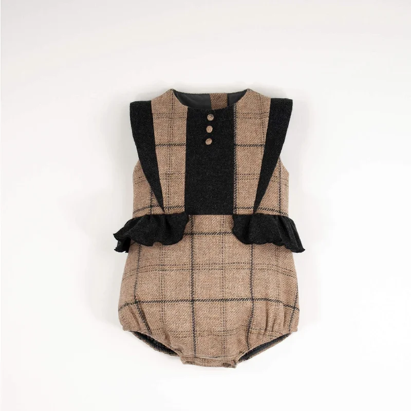Popelin Beige Plaid Woollen Romper Suit With Frill (MOD 3.1) Feminine Women's Style 