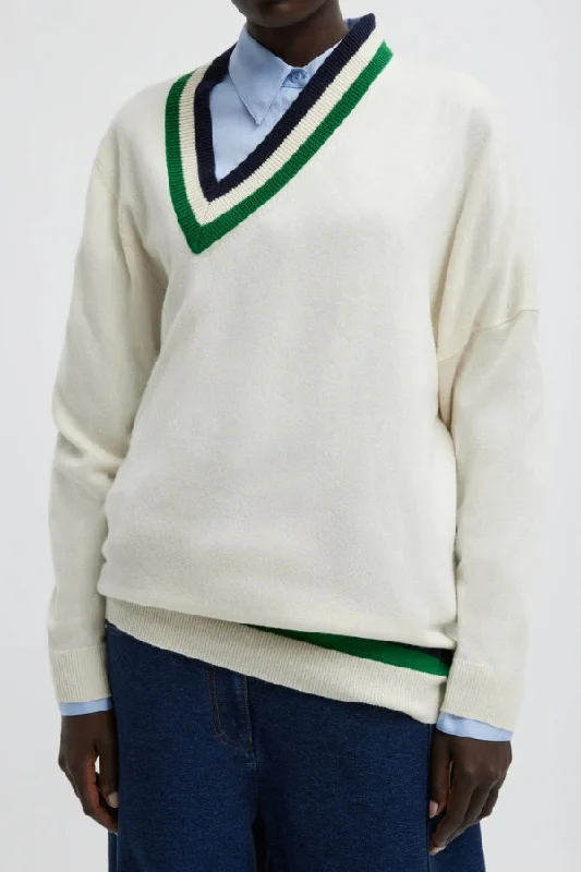 TIBI Washable Cashmere Striped Warp V-Neck Pullover Cozy Women's Winter