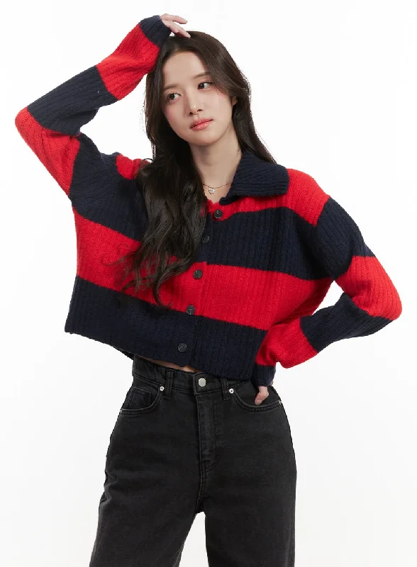 Stripe Buttoned Collar Knit Cardigan ON429 Casual Women's Japanese 