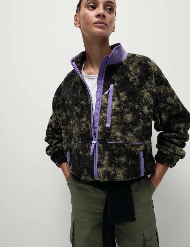 Borg Zip Up Printed Funnel Neck Fleece Jacket - Khaki Mix Bold Women's Statement