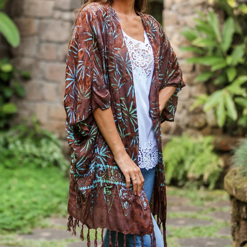 Denpasar Lady in Brown Leaf Motif Batik Rayon Kimono Jacket in Brown from Bali Disco