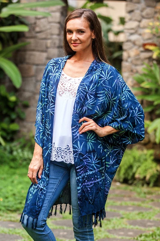 Denpasar Lady in Blue Leaf Motif Batik Rayon Kimono Jacket in Blue from Bali Business