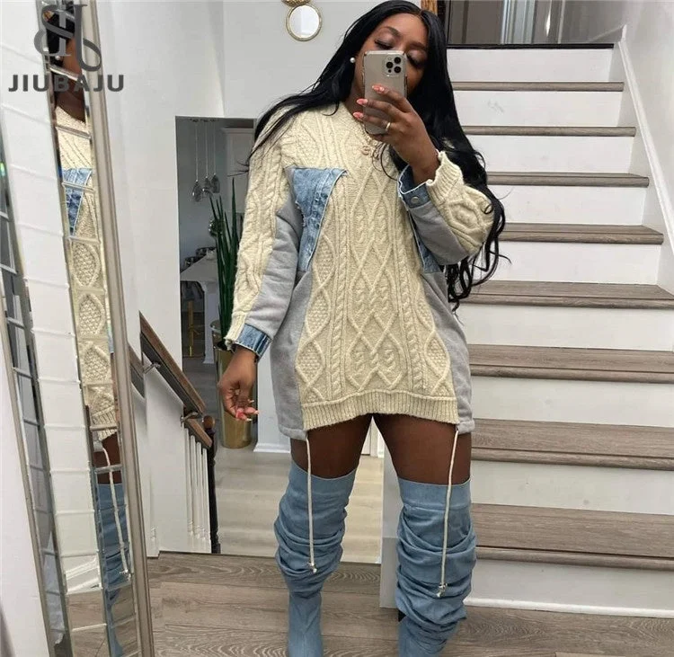 Patchwork Denim Colorblock Sweater For Women Round Neck Long Sleeve Streetwear Casual Pullover Elegant Women's Patchwork Denim Colorblock Sweater For Women Round Neck Long Sleeve Streetwear Casual Pullover Elegant Women's