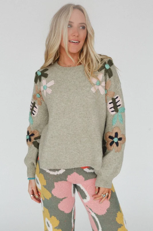 Wild Blossom Embroidered Sweater - Sage Refined Women's Velvet