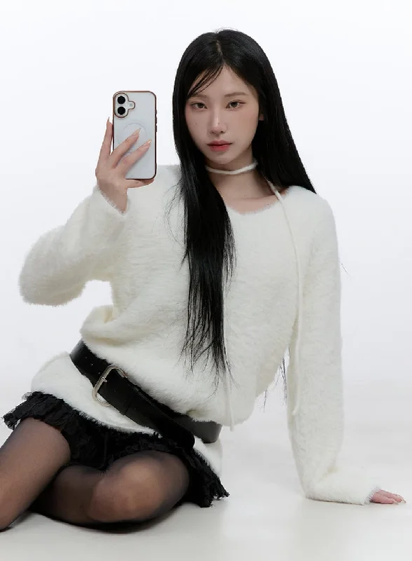 Fuzzy V-Neck Sweater CD419 Monochromatic Office Style