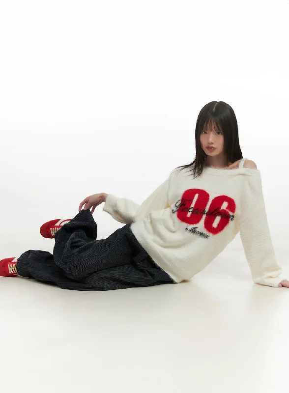 One-Shoulder Graphic Fuzzy Sweater CD425 Adventure