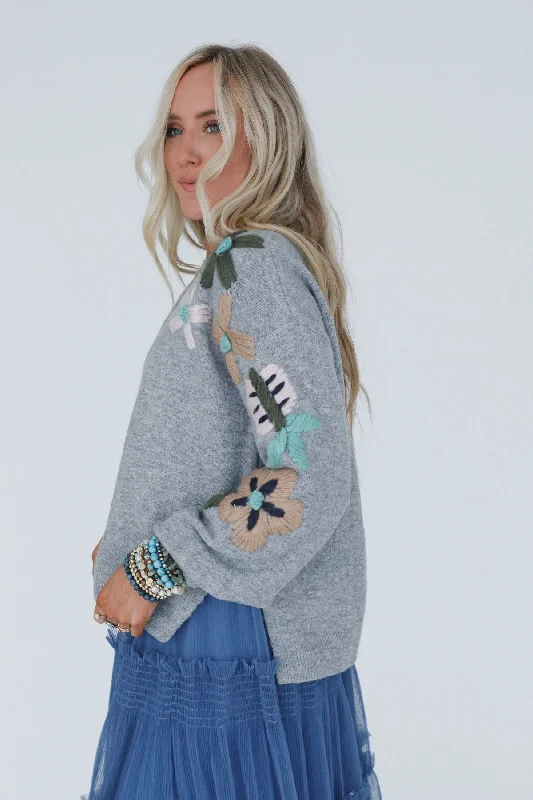 Wild Blossom Embroidered Sweater - Gray Cool Women's Distressed