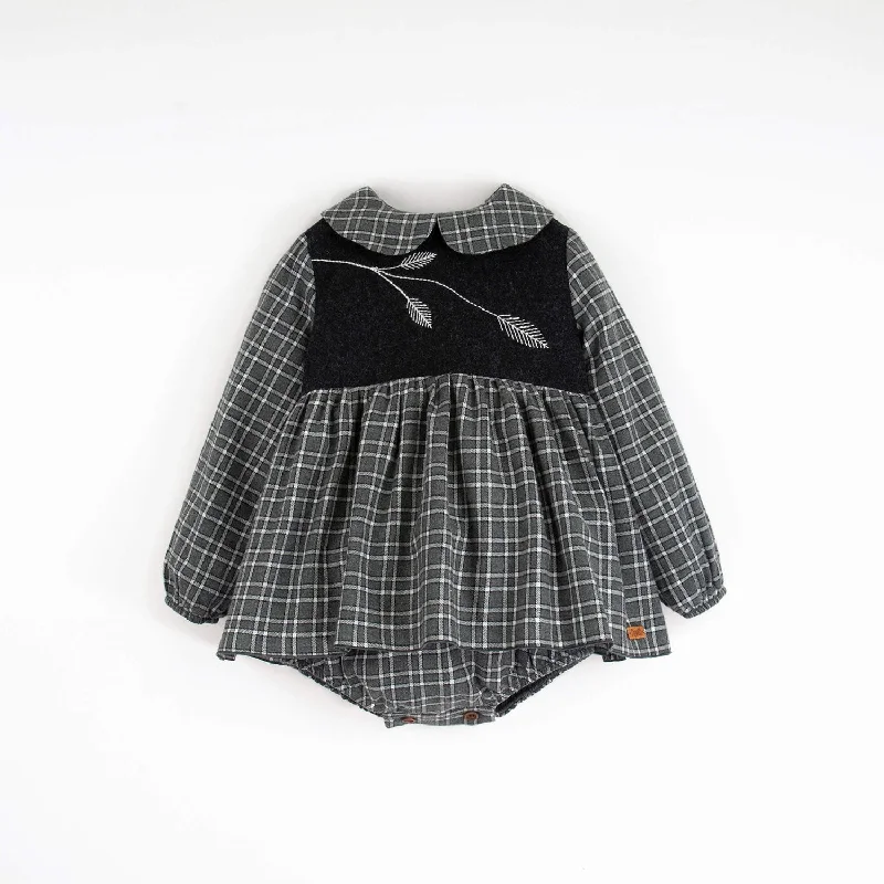 Popelin Dark Grey Plaid Romper Suit With Skirt And Baby Collar Embroidered (MOD 1.4) Street