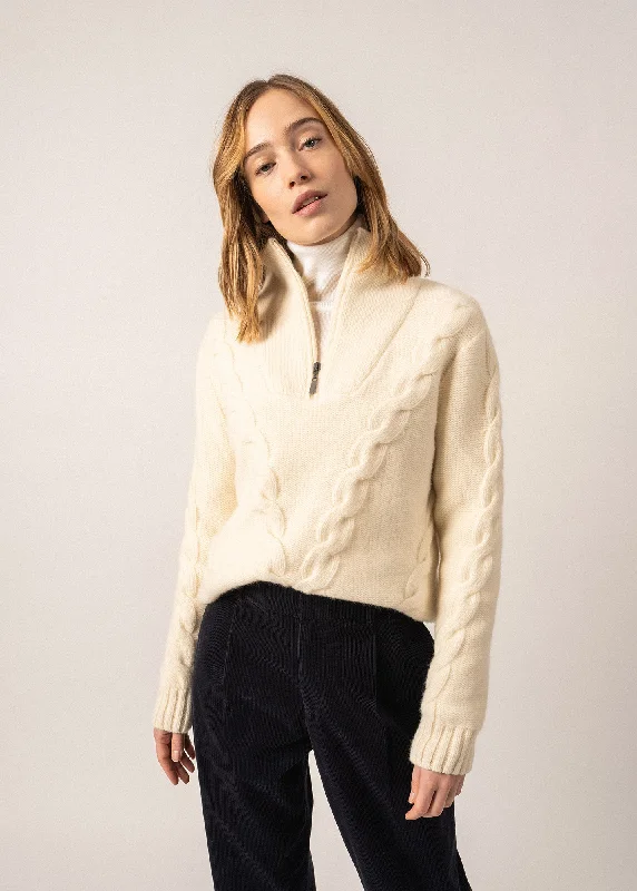 ABERDEEN -Quarter Zip Trucker Sweater for Women | Cable Knit | 100% Wool (IVORY) Polished Women's Silk ABERDEEN -Quarter Zip Trucker Sweater for Women | Cable Knit | 100% Wool (IVORY) Polished Women's Silk