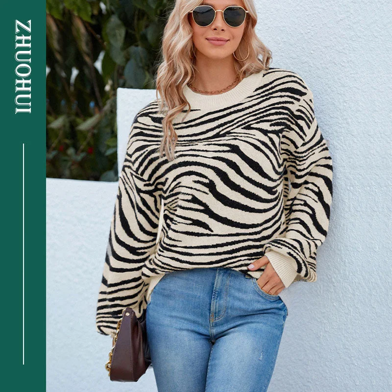 2022 Autumn Casual O Neck Contrast Color Zebra Patchwork Pullover Knitting Tops Women Fashion Streetwear Coat Sweater For Ladies Modern Women's Tech 2022 Autumn Casual O Neck Contrast Color Zebra Patchwork Pullover Knitting Tops Women Fashion Streetwear Coat Sweater For Ladies Modern Women's Tech